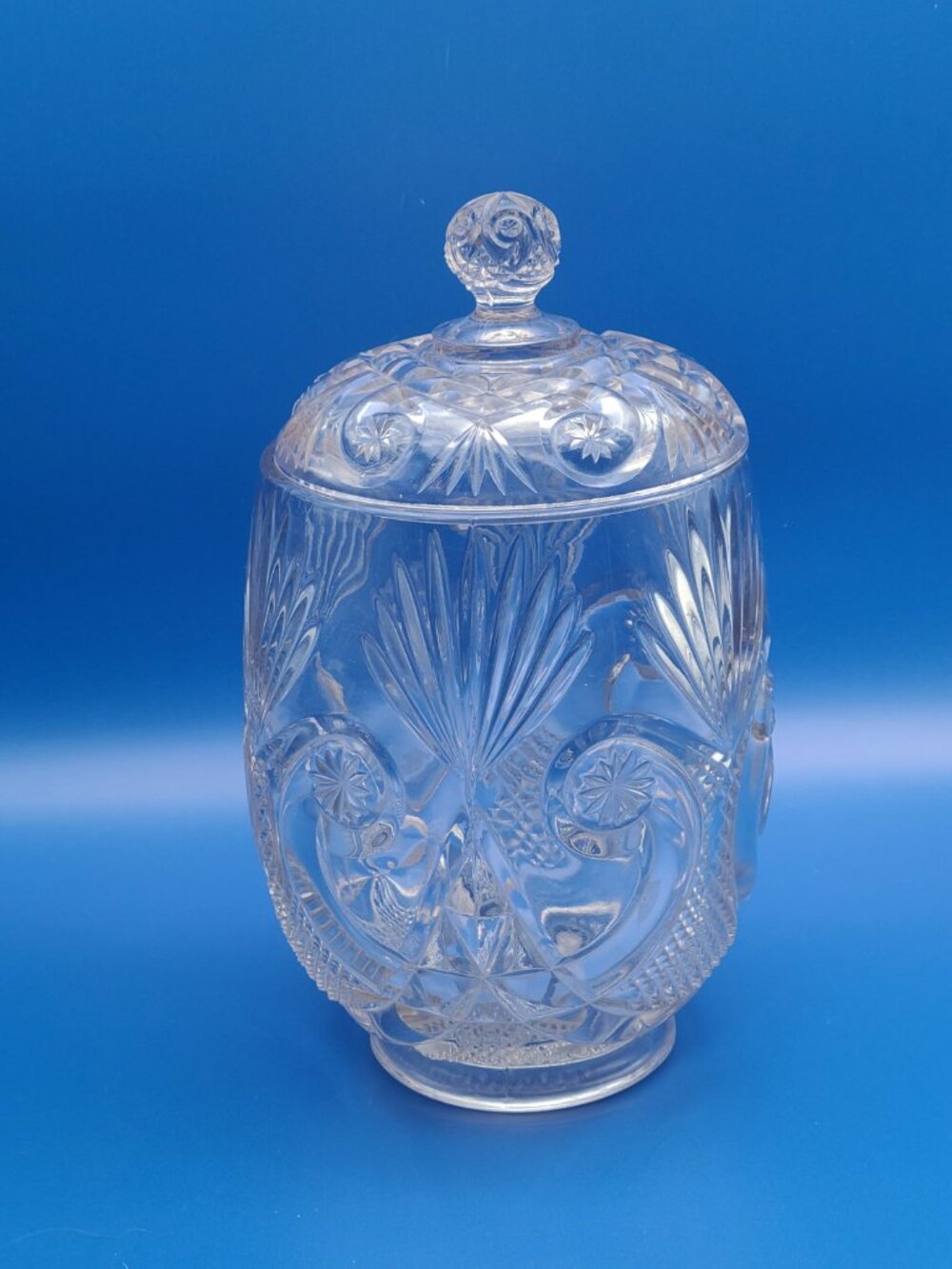Antique EAPG Crystal Glass Crescent Fan Biscuit Jar Manganese Glow 9.5" - Picture 3 of 11
